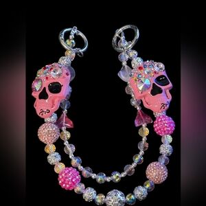 Pink Rhinestone Skull Beaded Bag Charm / Keychain